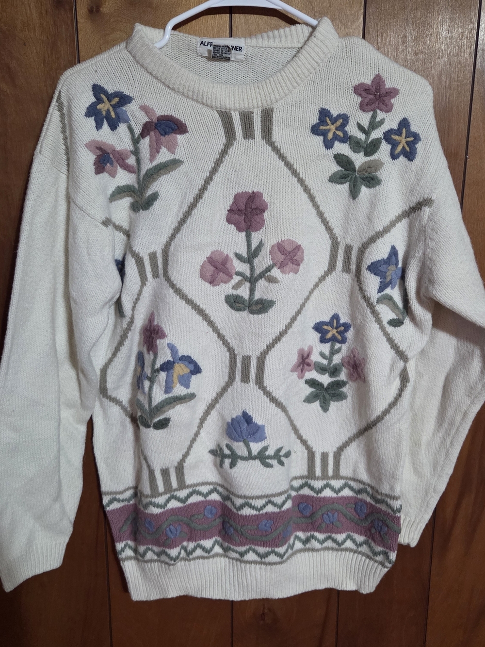 90s Vintage Cream Floral Knit Sweater Grandmacore Chunky Cottagecore Large